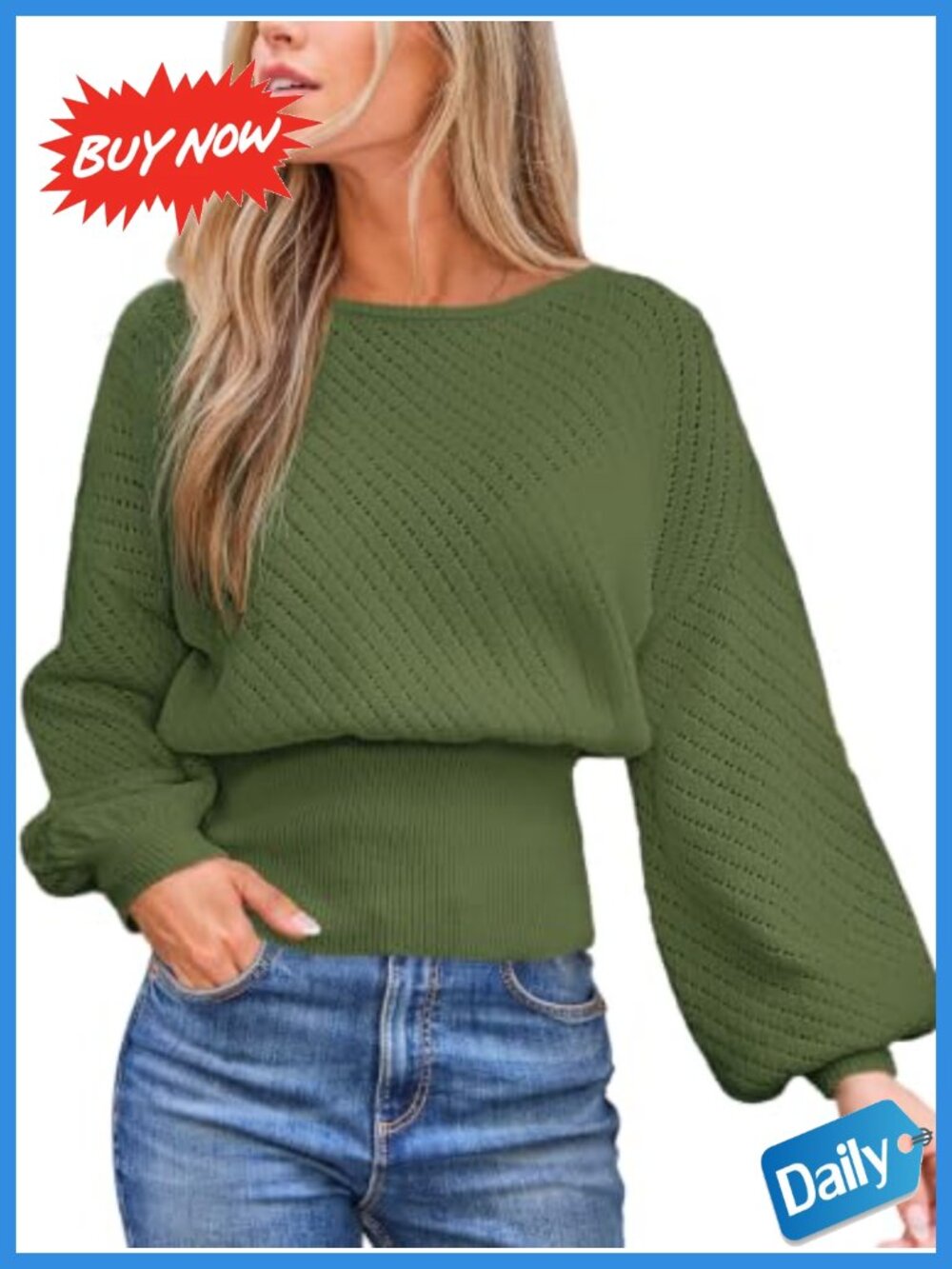 CUPSHE Knit Sweater Puffy Sleeves Boatneck Pullover Top